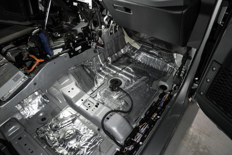 ResoNix Sound Solutions CLD Squares Sound Deadener installed into the front passenger side floor of a Ford Bronco